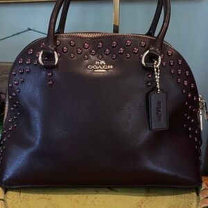 Coach Cora Domed Satchel with Border Studs in Burgundy Crossgrain Leather